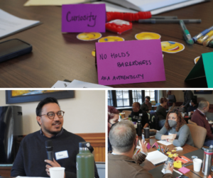 Two values listed on purple papers. Curiosity and No hold barredness (authenticity). Headshot of Amar speaking into the mic. Lower right image is a group at a table chatting. 